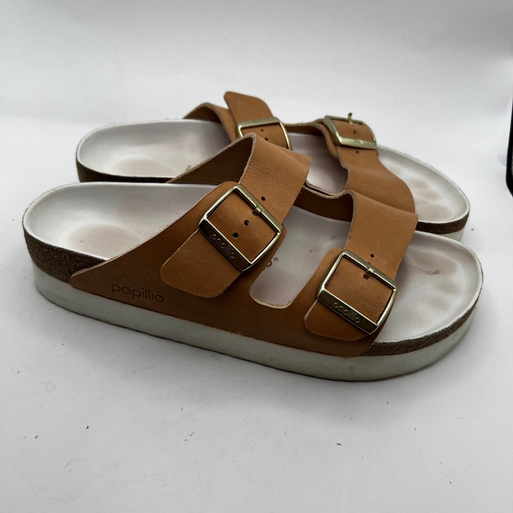 Papillio Birkenstock Arizona Platform Sandals Leather Gold Buckle 40 Womens 9